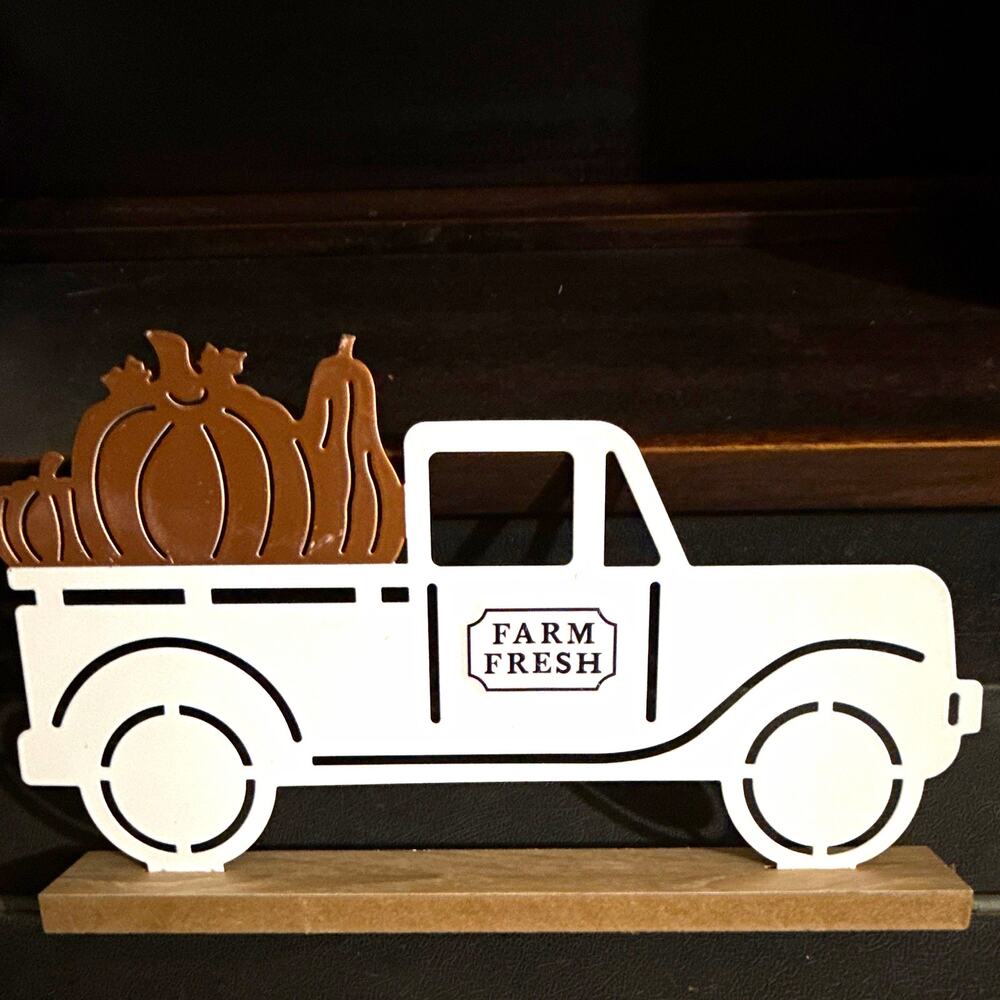 Farm Fresh Pumpkin Truck Fall Decor Set of 2 Metal Wood Base Autumn Harvest